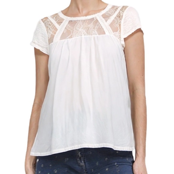 Aritzia Tops - Babaton Classic Silk & Linen White Tee with Lace Detailing Size XXS